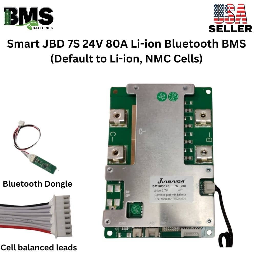 Smart Jiabaida (JBD) 7S 24V 80A Lithium ion Common Port Battery protection module.