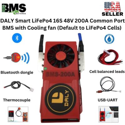 DALY Smart BMS 16S 48V 200A LiFePo4 Battery Protection Module with Cooling Fan