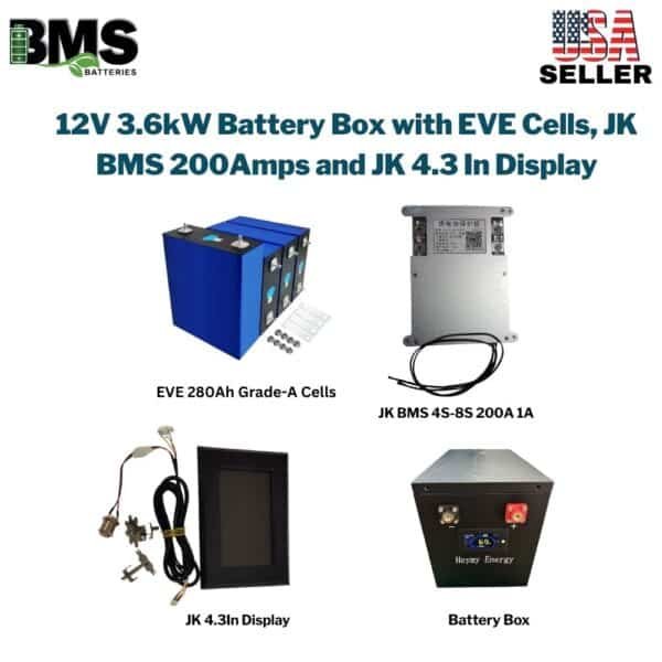 12V 3.6kW Battery Box with EVE Cells, JK BMS 200Amps and JK 4.3 In Display