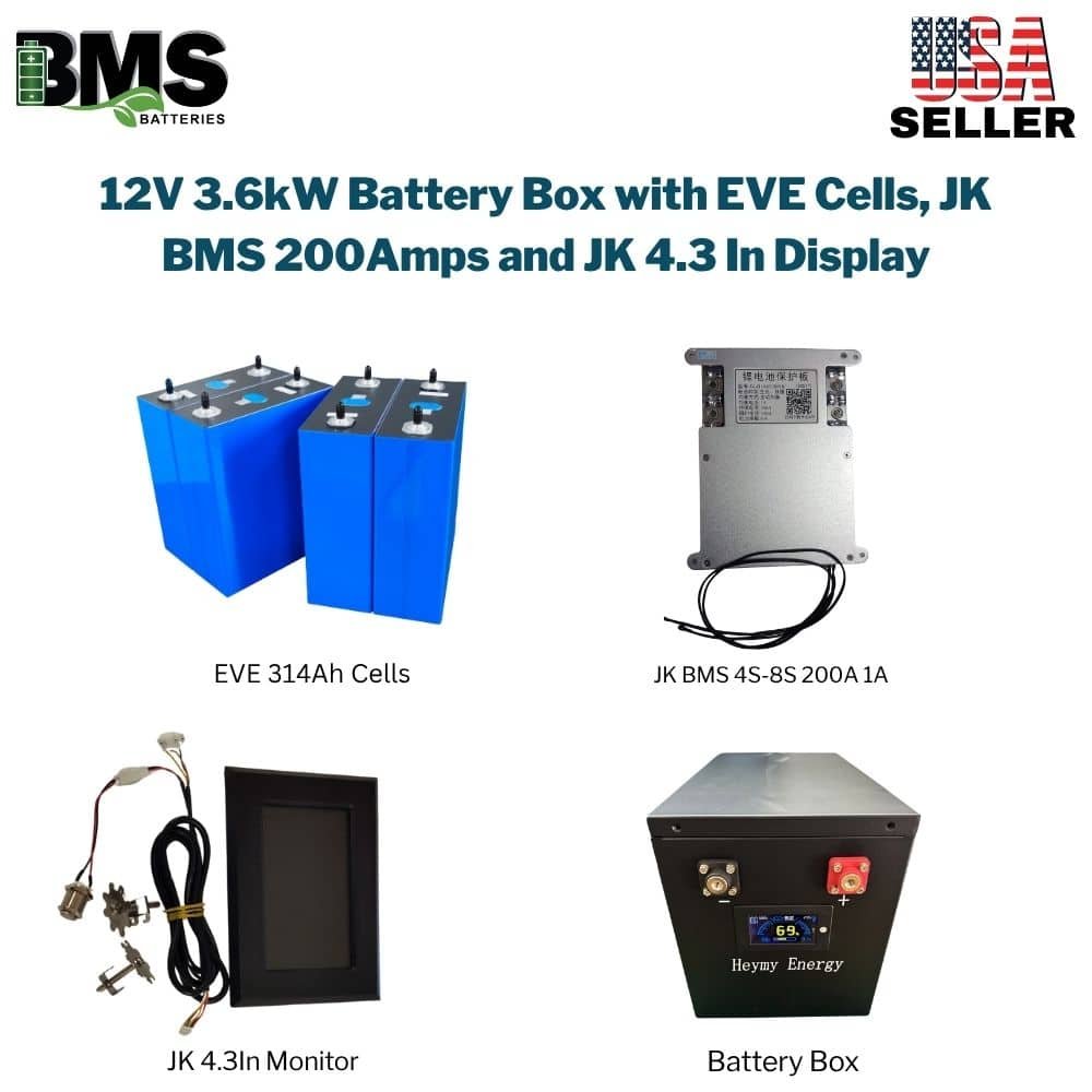 12V 3.6kW Battery Box with EVE Cells, JK BMS 200Amps and JK 4.3 In Display