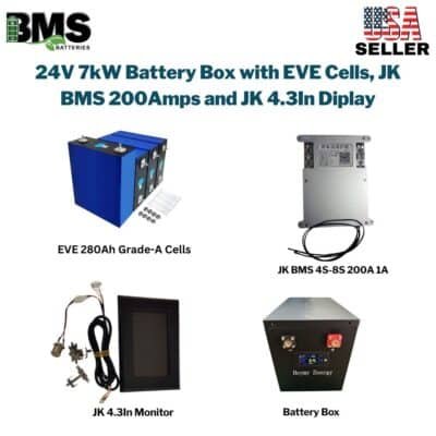 24V 7kW Battery Box with EVE Cells, JK BMS 200Amps and JK 4.3 In Display