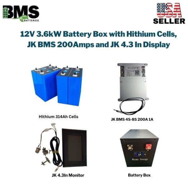 12V 3.6kW Battery Box with Hithium Cells, JK BMS 200Amps and JK 4.3 In Display